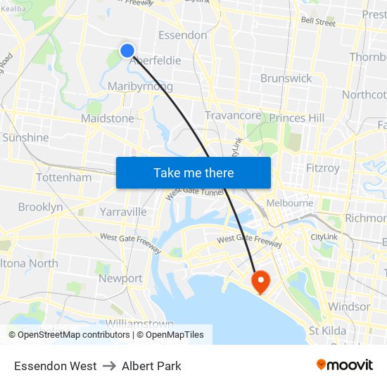 Essendon West to Albert Park map