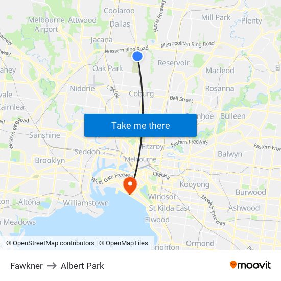 Fawkner to Albert Park map