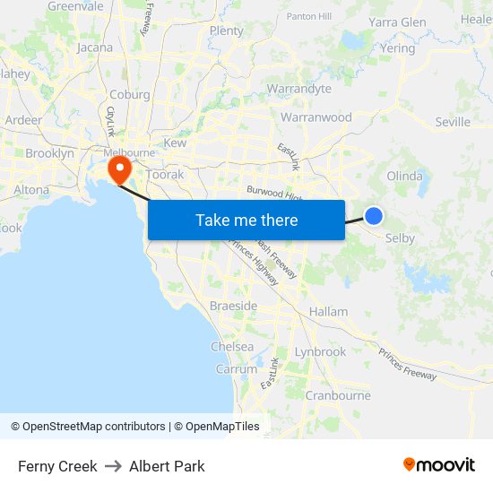 Ferny Creek to Albert Park map