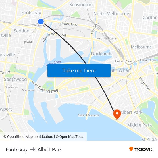 Footscray to Albert Park map