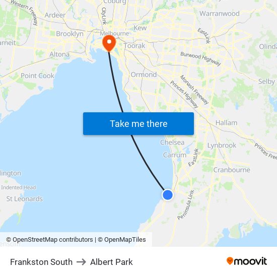 Frankston South to Albert Park map