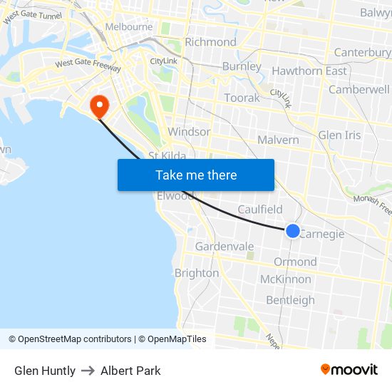 Glen Huntly to Albert Park map