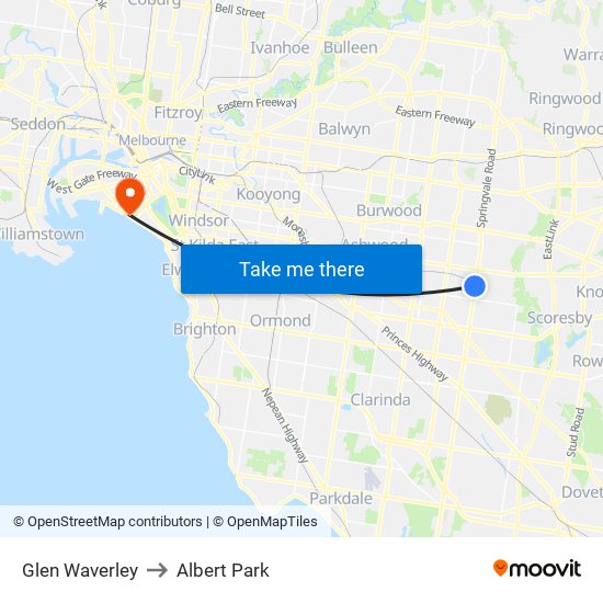 Glen Waverley to Albert Park map