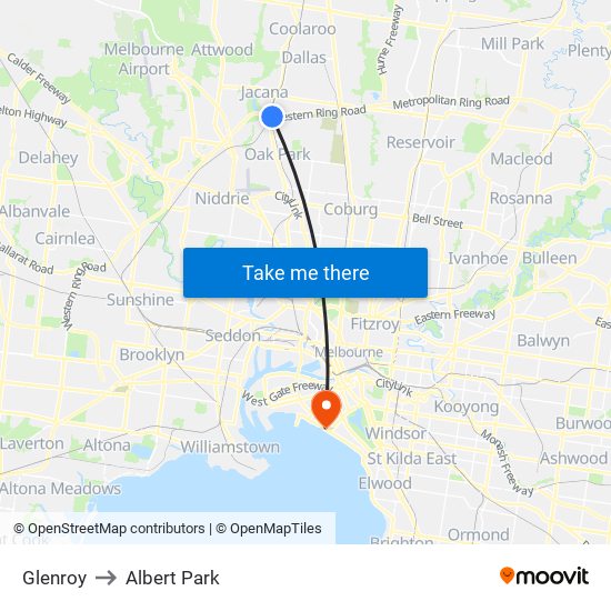 Glenroy to Albert Park map