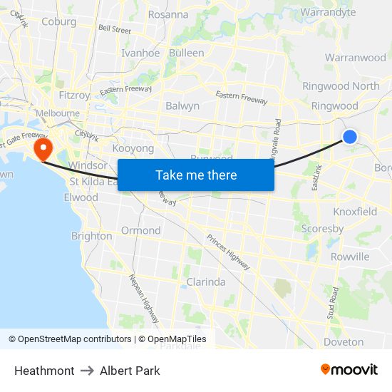 Heathmont to Albert Park map