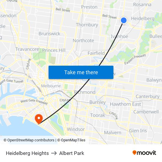 Heidelberg Heights to Albert Park map