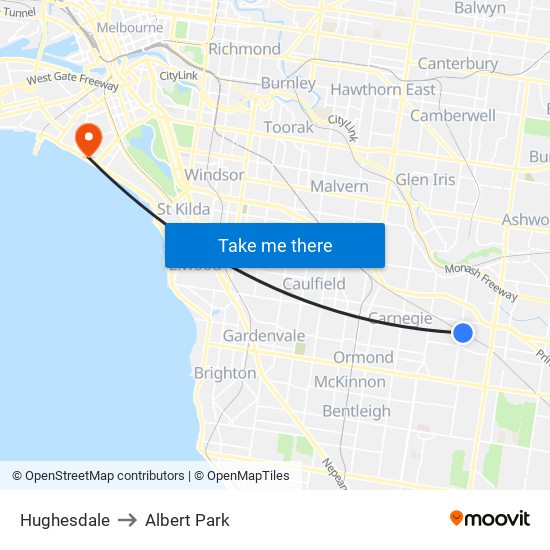 Hughesdale to Albert Park map