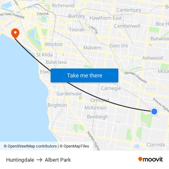 Huntingdale to Albert Park map