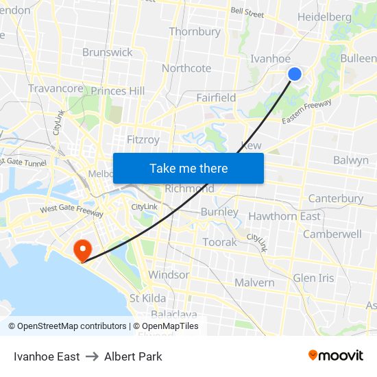 Ivanhoe East to Albert Park map