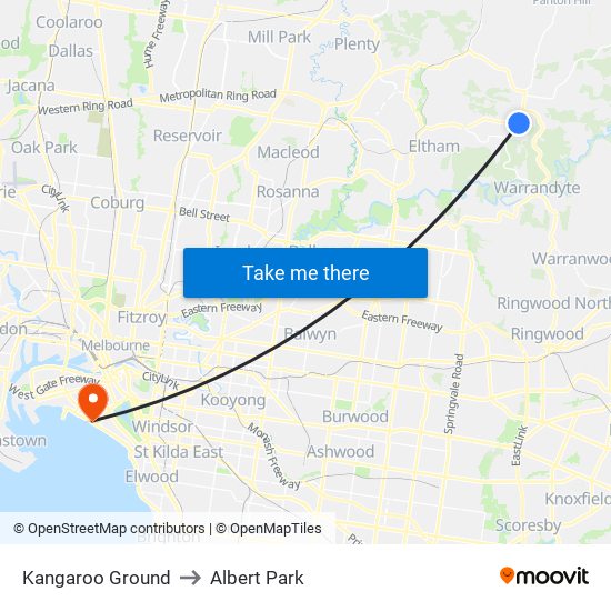 Kangaroo Ground to Albert Park map