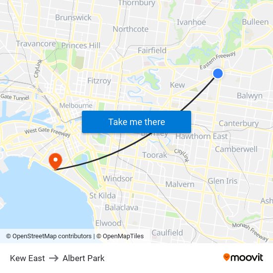 Kew East to Albert Park map