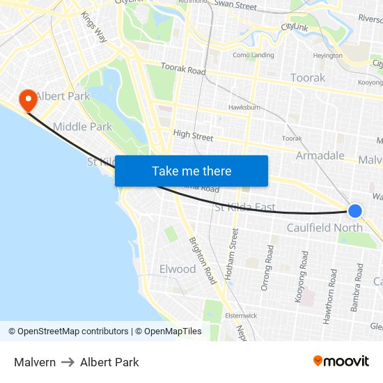 Malvern to Albert Park map