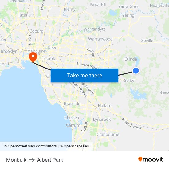 Monbulk to Albert Park map