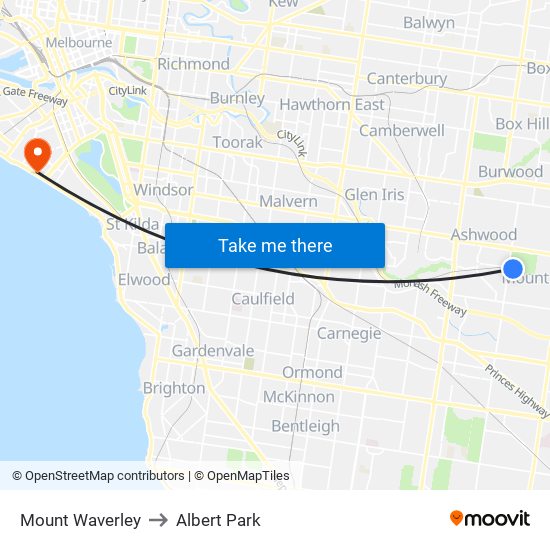 Mount Waverley to Albert Park map