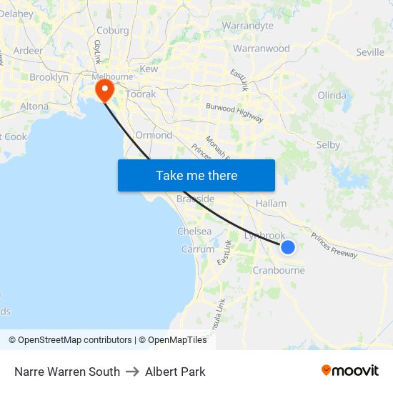 Narre Warren South to Albert Park map