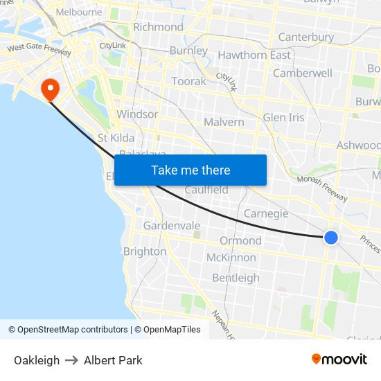 Oakleigh to Albert Park map