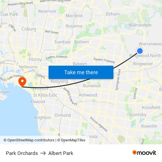 Park Orchards to Albert Park map