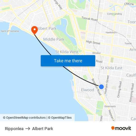 Ripponlea to Albert Park map