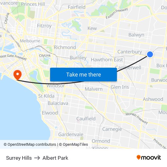 Surrey Hills to Albert Park map