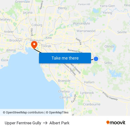 Upper Ferntree Gully to Albert Park map