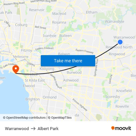 Warranwood to Albert Park map