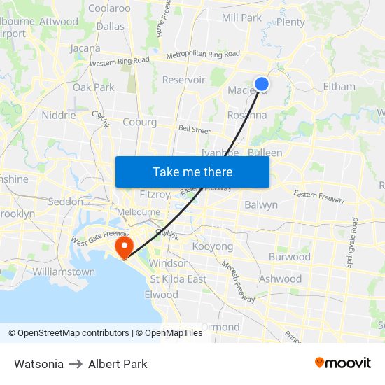 Watsonia to Albert Park map