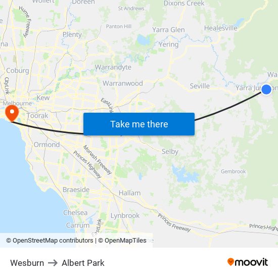 Wesburn to Albert Park map