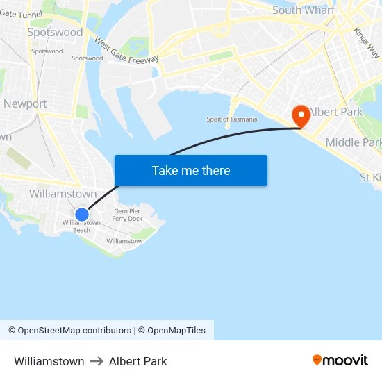 Williamstown to Albert Park map