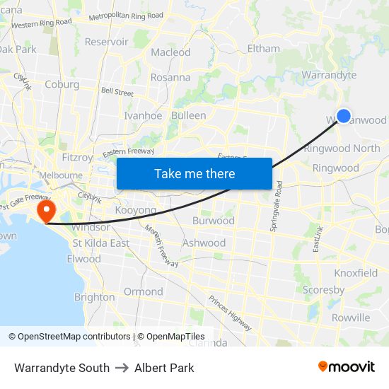 Warrandyte South to Albert Park map