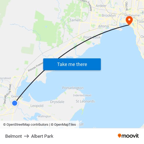 Belmont to Albert Park map