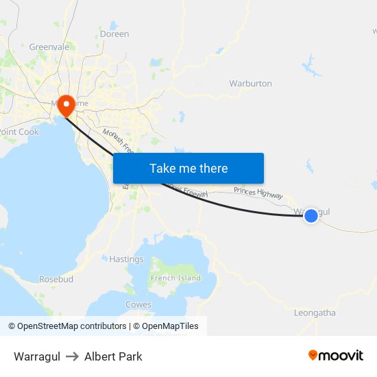 Warragul to Albert Park map