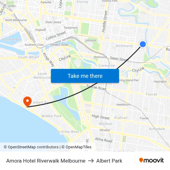 Amora Hotel Riverwalk Melbourne to Albert Park map
