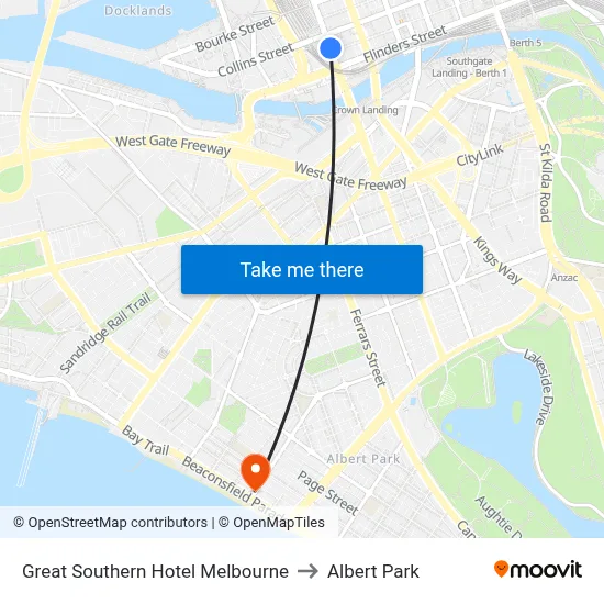 Great Southern Hotel Melbourne to Albert Park map