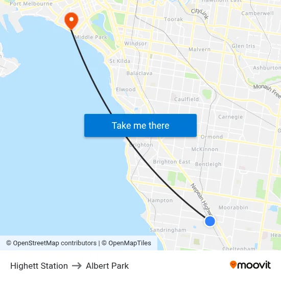 Highett Station to Albert Park map