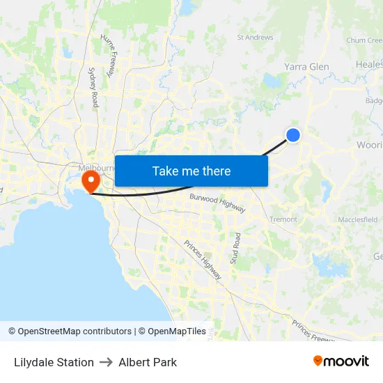 Lilydale Station to Albert Park map