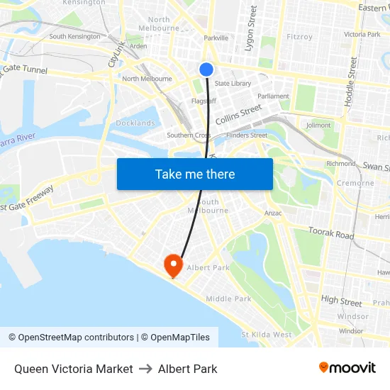 Queen Victoria Market to Albert Park map