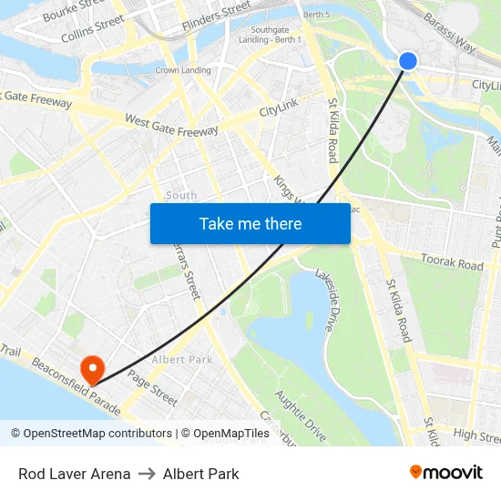 Rod Laver Arena to Albert Park map