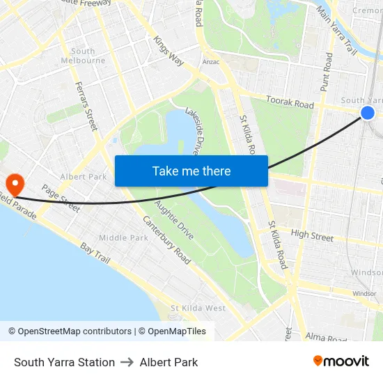 South Yarra Station to Albert Park map