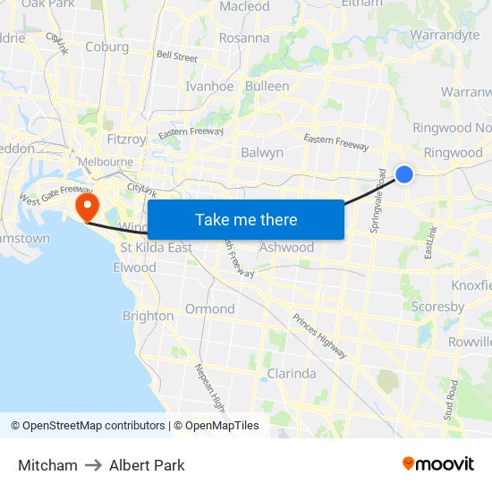 Mitcham to Albert Park map