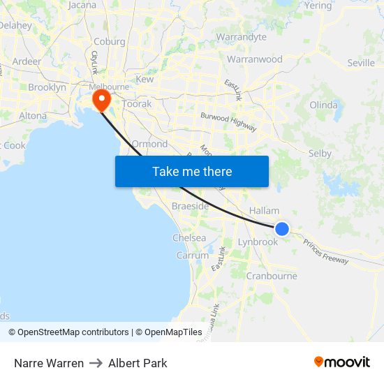 Narre Warren to Albert Park map