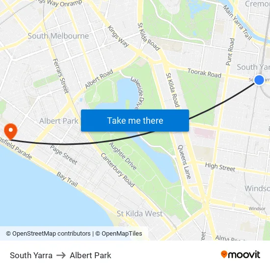South Yarra to Albert Park map