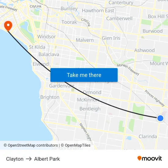Clayton to Albert Park map