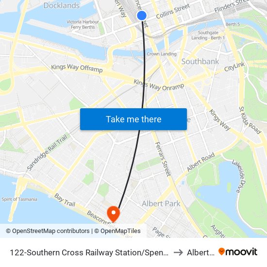 122-Southern Cross Railway Station/Spencer St (Melbourne City) to Albert Park map