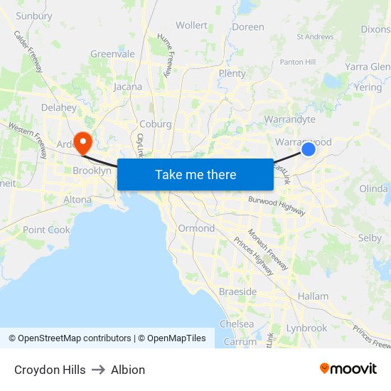 Croydon Hills to Albion map