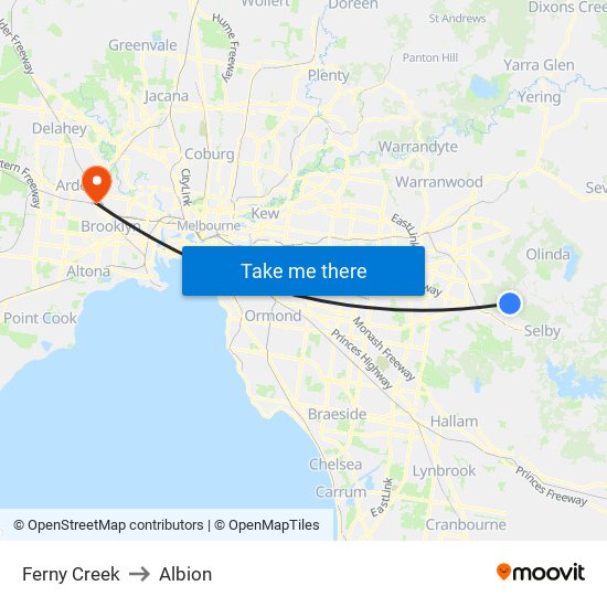 Ferny Creek to Albion map