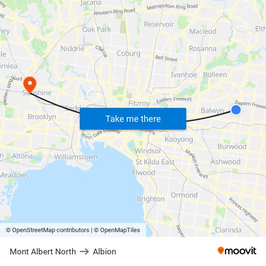 Mont Albert North to Albion map