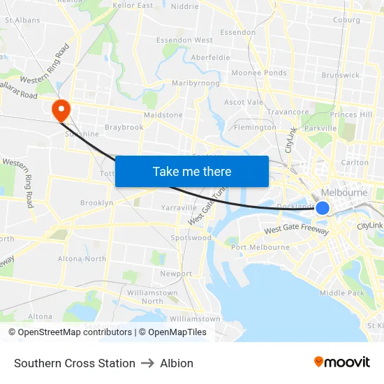 Southern Cross Station to Albion map