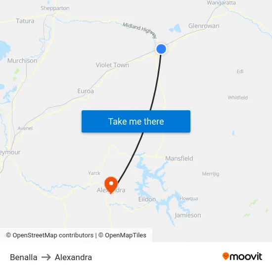 Benalla to Alexandra map