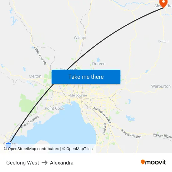 Geelong West to Alexandra map