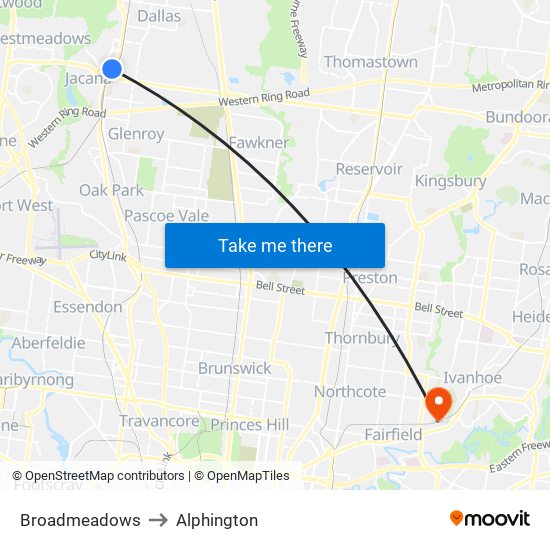 Broadmeadows to Alphington map